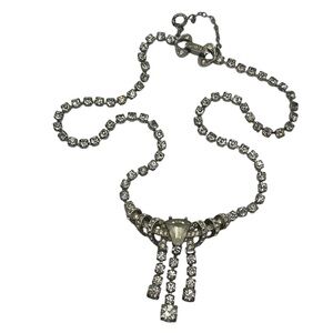 Art Deco silver tone clear rhinestone dangle vintage necklace